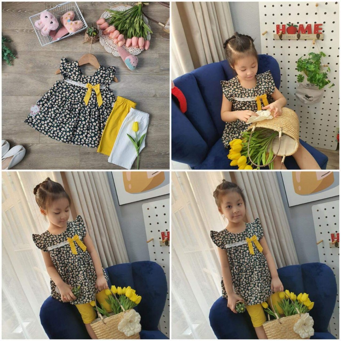 Váy hoa tay tiên nơ eo size 2-6 - V1135-